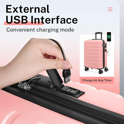 AnyZip Suitcase, 20" Carry On Luggage 14" Mini Cosmetic Cases Luggage Sets Hardside PC ABS Lightweight USB Suitcase with Wheels TSA for kids (2 Piece Set 14/20, Pink)