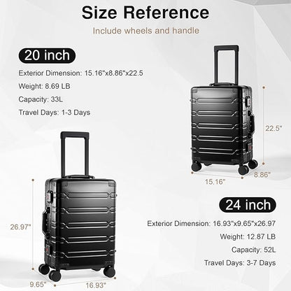 All Aluminum Carry On Luggage 22x14x9 Airline Approved，Zipperless Luggage Premium Aluminum Suitcase Luggage, Hard Shell Carry On Luggage with Spinner Wheels (black, 20inch)
