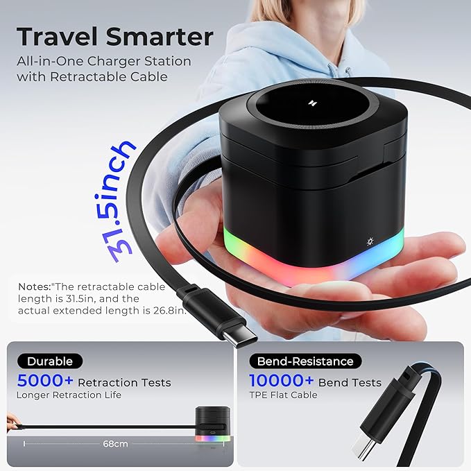 5 in 1 Magnetic Wireless Charger Stand with Night Light, Foldable Wireless Charging Station Built-in Retractable Cable, Travel Wireless Charger for iPhone 17/16/15/14/13/12, Apple Watch, AirPods Pro 3