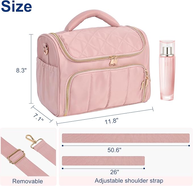 Travel Toiletry Bag Large Cosmetic Makeup Bag Organizer for Women,Wide-open Make Up Bag Waterproof Makeup Case Travel Bag with Handle and Dividers for Toiletries,Essentials,Accessories,Dark Pink