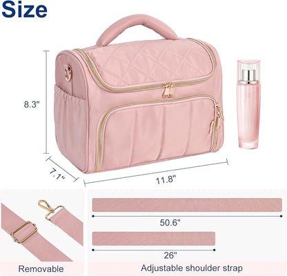 Travel Toiletry Bag Large Cosmetic Makeup Bag Organizer for Women,Wide-open Make Up Bag Waterproof Makeup Case Travel Bag with Handle and Dividers for Toiletries,Essentials,Accessories,Dark Pink