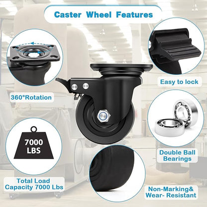 Nefish 4-Inch Heavy Duty Casters Set of 4, Industrial Grade Casters Wheels 7000 LBS, Low Gravity Plate Swivel Caster with Brake, Sturdy & Corrosion-Resistant Nylon Wheels for Industrial, Equipment
