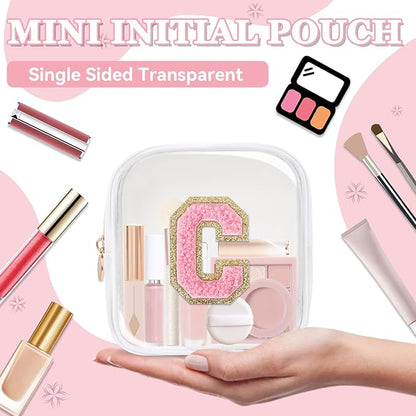 Mini Clear Personalized Initial Makeup Bag,Nylon Preppy A-Z Chenille Letter Patch Zipper Cosmetic Bag, Small Cute Beach Pouch Travel Purse Sanitary Napkin Storage Bag for Women Girls(White-Pink C)