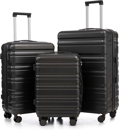 Campfun 3 Piece Luggage Sets, ABS Suitcase Set with Double Spinner Wheels Hang Hook, Durable Carry On Luggage with Combination Lock, 20/24/28 inch, Black