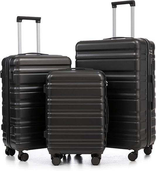 Campfun 3 Piece Luggage Sets, ABS Suitcase Set with Double Spinner Wheels Hang Hook, Durable Carry On Luggage with Combination Lock, 20/24/28 inch, Black