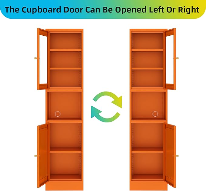 Metal Bathroom Storage Cabinet 67" Slim Bathroom Organizer with 3 Adjustable Shelves, 2 Doors (Left/Right Opening),Metal Floor Cabinet for Small Spaces(Glass, Orange)