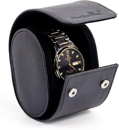SANQIANWAN Single Travel Storage Watch Roll Portable PU Leather Watch Case Box for Men with Button Style Removable Watch Pillow Watch Display Roll (Black)