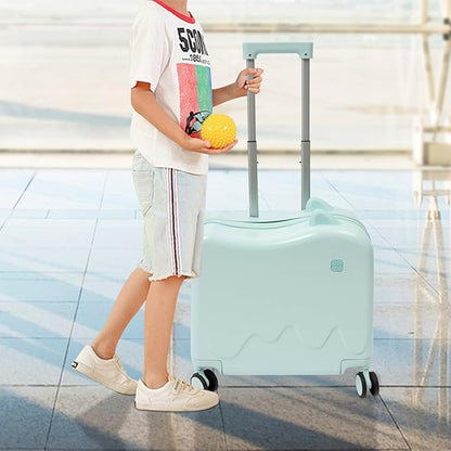 18" Ride-On Kids Suitcase with Double Spinner Wheels, Lightweight Tow-Along Luggage Carry-on Hardside Trolly Case with Password Lock, Rolling Children's Travel Luggage for Travel, School (Green)