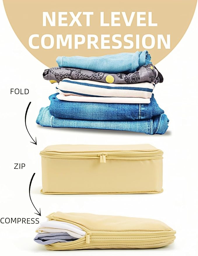 Compression Packing Cubes for Travel, 6-Piece Set (L/M/S), Double-Zip Luggage Organizers with Mesh Panels, Space-Saving Clothes Storage Bags for Suitcase & Carry-On (6 Pack, Bright Yellow)