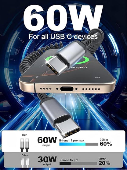 USB C to USB C Coiled Cable 3FT, 2 Pack Retractable USB C Cable for Car, Type C Fast Charging Cable Compatible with iPhone 17/16/15, Samsung Galaxy S25 S24 S23, Pixel 10 9
