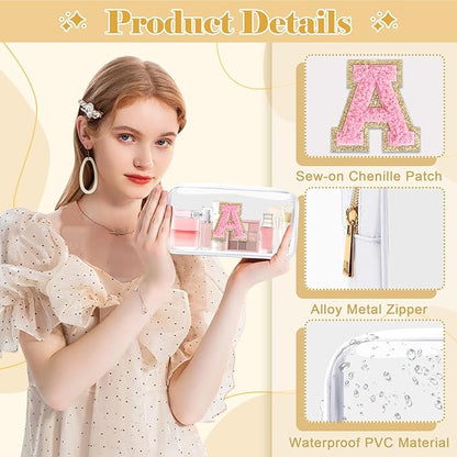 Personalized Initial Letter Clear Makeup Bag,Preppy Small Nylon&PVC Cosmetic Zipper Bag with Chenille Letter,Travel Skincare Toiletry Bag,Monogram Christmas Gift for Teen Girls Women,A