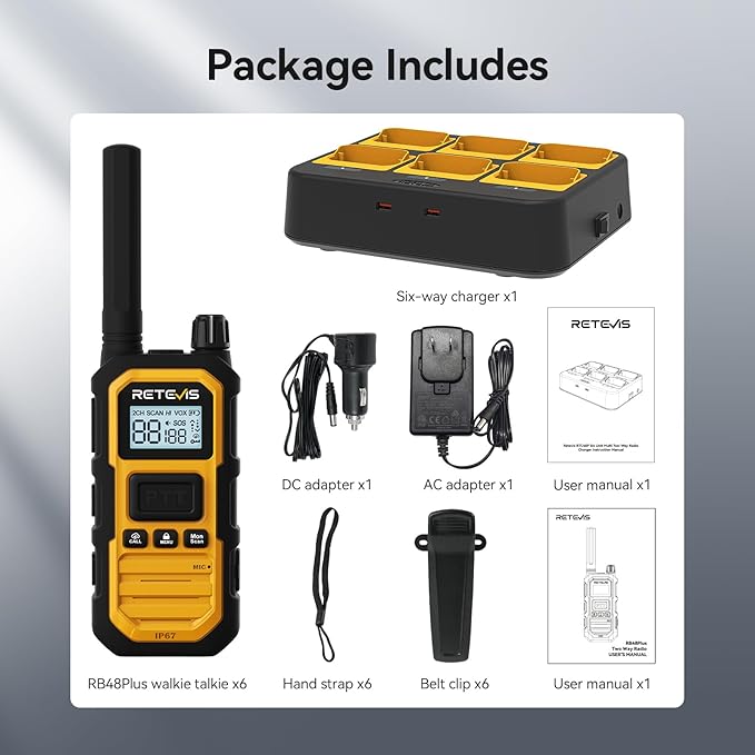 Retevis RB48 Plus Walkie Talkies Long Range, Heavy Duty Rechargeable GMRS Two Way Radios, IP67 Waterproof, Shock Resistant, Group Call, VOX(6 Pack with Gang Charger)