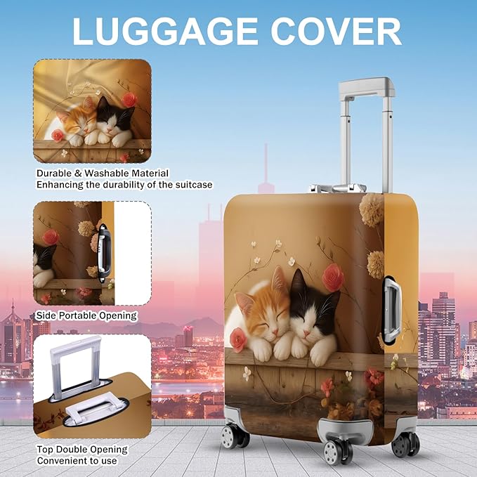 ANNA QUEEN Sleeping Cats Luggage Cover, Adorable Kitten Design with Floral Elements, Stretchable, Washable Travel Sleeve for 20-22 Inch Suitcases