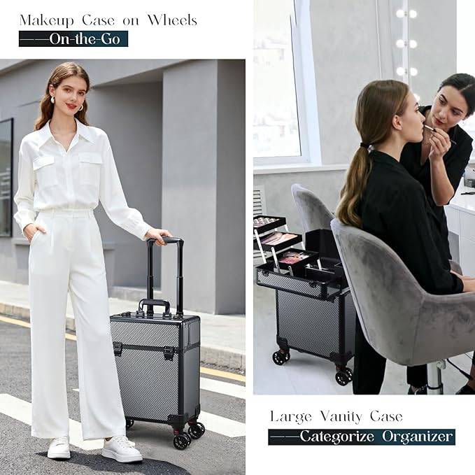 Rolling Makeup Case, Cosmetology Case on Wheels Makeup Train Case Professional Vanity Case with Trays for Women Large Travel Makeup Box Organizer Makeup Trolley on Wheels with Key,Ashy Grey