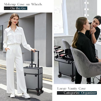 Rolling Makeup Case, Cosmetology Case on Wheels Makeup Train Case Professional Vanity Case with Trays for Women Large Travel Makeup Box Organizer Makeup Trolley on Wheels with Key,Ashy Grey