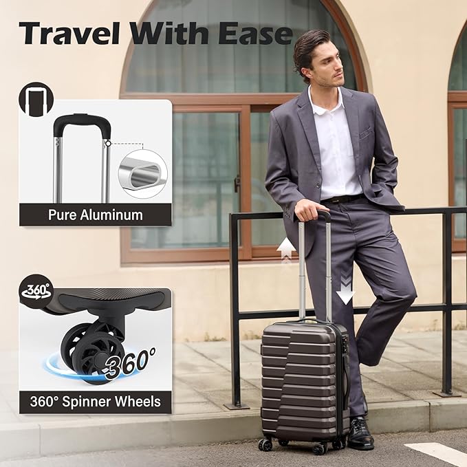 Coolife Carry On Luggage Airline Approved with Wheels Hard Shell Suitcase Spinner TSA Lock Telescopic Handle 20-inch,Gray