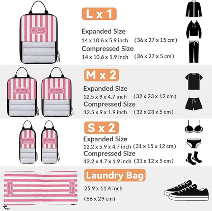 Custom 6 Set Compression Packing Cubes with Name Personalized Compressible Expandable Packing Organizers Luggage Carry On Suitcase Bags Travel Accessories Gifts, Deep Pink Stripe