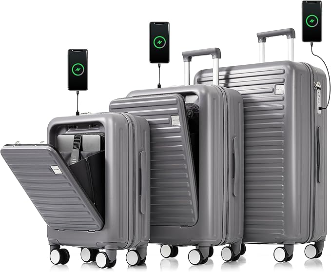 Merax Luggage Set of 3, 20, 24, 28inch with USB Port, 20, 24inch with front opening design with Cup Holder, ABS Hard Shell Luggage with Spinner Wheels, ABS+grey blue
