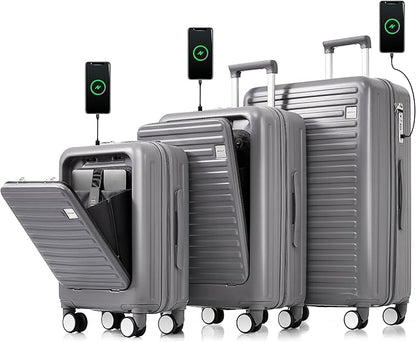 Merax Luggage Set of 3, 20, 24, 28inch with USB Port, 20, 24inch with front opening design with Cup Holder, ABS Hard Shell Luggage with Spinner Wheels, ABS+grey blue