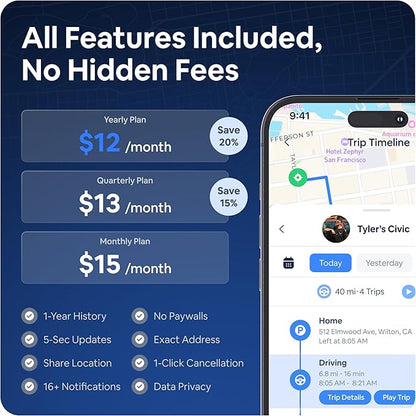 Real-Time OBD2 GPS Car Tracker – $12/Month with 1 Prepaid Year – Plug & Play Device for Families, Teens & Businesses with Trip History, Driving Alerts & GeoFence – Accurate, Easy Setup