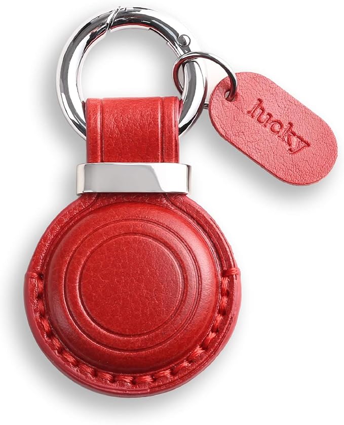 Genuine Leather Keychain Holder Compatible with AirTag - Secure Case Cover Key Ring Chain Fob Accessories Intended for Air Tag - Dark Red