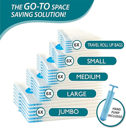 30 Pack Vacuum Storage Bags, Space Saver Vacuum Storage Bags, Vacuum Seal Bags for Clothing, Clothes, Comforters and Blankets, Hand Pump Included