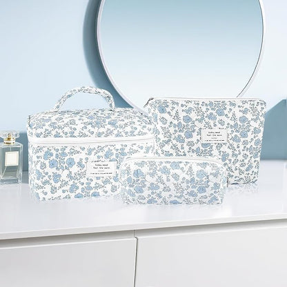 3Pcs Makeup Bag Quilted Cosmetic Bag Set Bow Travel Large Makeup Pouch for Women Cute Portable Cotton Toiletry Bag Skincare Organizer Coquette Vintage Travel Essential