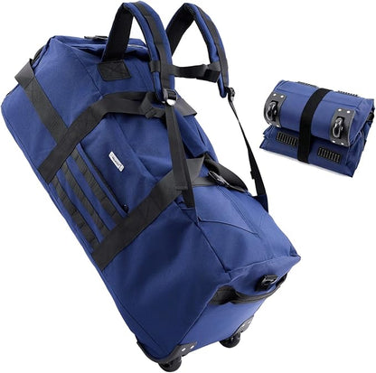 80L Waterproof Rolling Duffel Bag with Wheels, Military Tactical Wheeled Foldable For Deployment Traveling Camping Sporting (Blue)