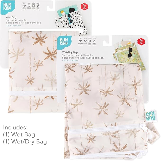 Bumkins - Waterproof Wet and Wetdry Bags - For Beach, Baby, Travel, Swim Suit, Cloth Diapers, Pump Parts, Pool, Gym, Toiletries - Reusable & Easy to Clean - Palm Trees - 2 Pack