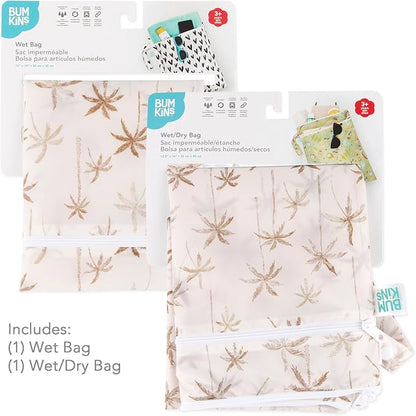 Bumkins - Waterproof Wet and Wetdry Bags - For Beach, Baby, Travel, Swim Suit, Cloth Diapers, Pump Parts, Pool, Gym, Toiletries - Reusable & Easy to Clean - Palm Trees - 2 Pack