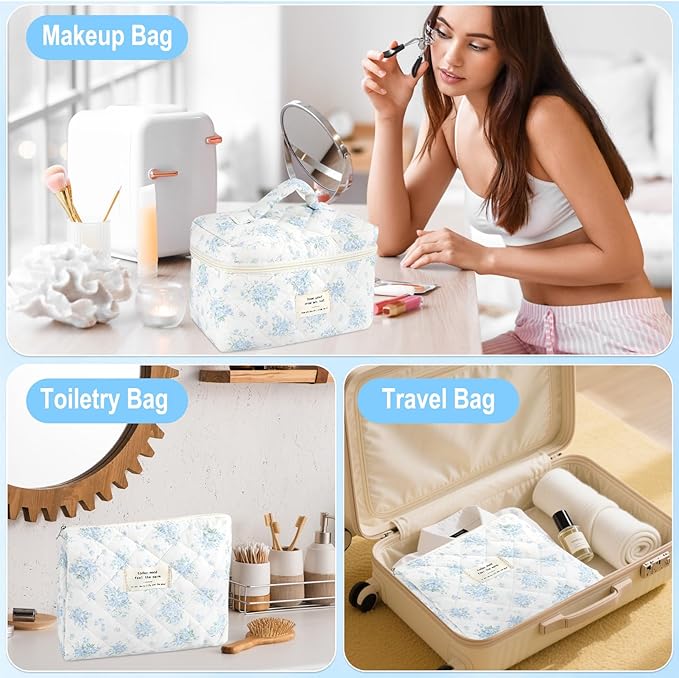 3Pcs Cotton Quilted Makeup Bag for Women Girls Large Small Travel Floral Cosmetic Bags Set Cute Coquette Zipper Makeup Pouch for Purse Aesthetic Cloth Flower Storage Toiletry Bag Organizer