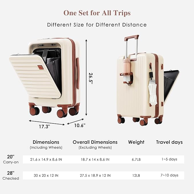 Merax Front Opening 20-Inch Carry-On Luggage with Expandable Travel Bag Set, ABS Hard Shell Two-piece Suitcase Set with USB Port, Cup Holder, ABS+Ivory
