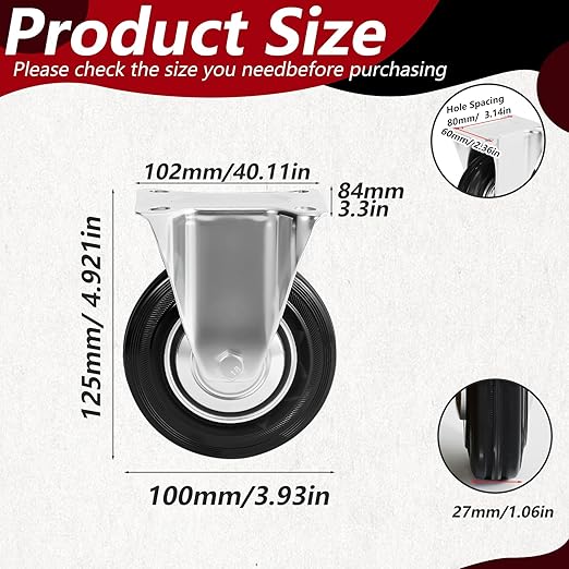 4 Inch Caster Wheels Set of 4, Heavy Duty Casters with Brake, Rubber Locking Casters for Cart, Workbench,Black (4"(2 Fixed+ 2 Swivel with Brake), 4)