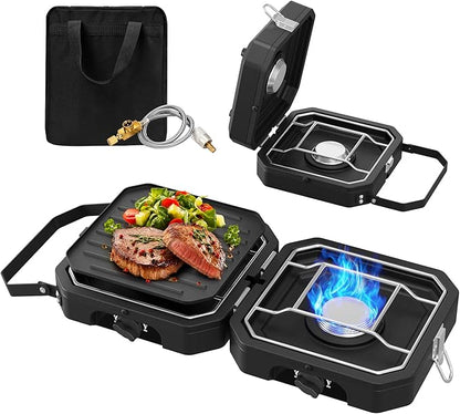 Camping Stove Portable Propane Camp Stove with Independently Adjustable Heat & Carry Bag, Foldable Gas Stove with 2 Burners for Outdoor Cooking,Tailgating & Backyard Gathering,BBQ (Black)