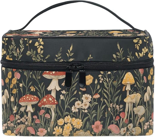 MNSRUU Makeup Bags, Vintage Wildflower Mushrooms Makeup Organizer Bags Toiletry Bag Box Travel Cosmetic Bag Make Up Train Case for Women Teen Girl Ladies