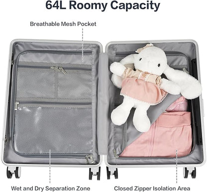 smilesun 22" Carry On Luggage with Seat For Kids & Adults，Hardside Ride On Suitcase Front Opening with 360°Spinner and TSA Lock For Travel (White with Front Open, 22")
