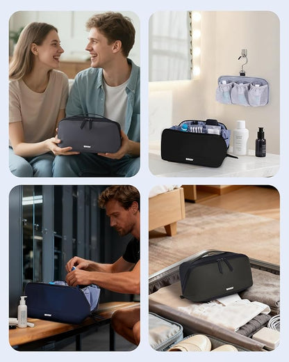WANDF Toiletry Bag for Men, PU Leather Travel Organizer with Detachable Waterproof Hanging Pouch, Open-Flat Dopp Kit Shaving Bag with Wet Pocket for Travel Toiletries Accessories (Dark Gray)