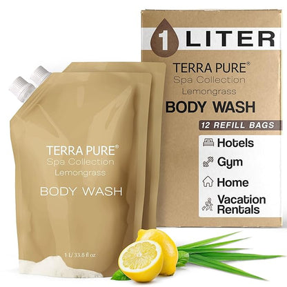 Terra Pure Spa Collection 1 Liter Body Wash Refill Bag For Soap Dispensers | Bulk Toiletries for Vacation Rentals, and Home Bathroom Showers | Green Tea Lemongrass | Set of 12