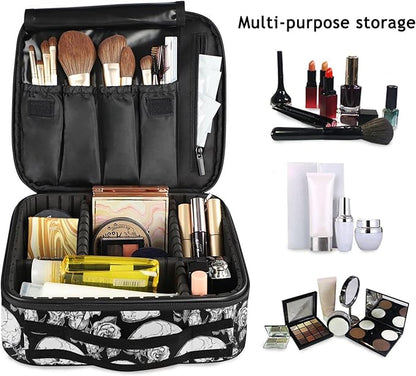MNSRUU Travel Makeup Bag, Gothic Skulls and Flowers Women Makeup Case Organizer Cosmetic Toiletry Bag for Teenage Girl with Adjustable Dividers