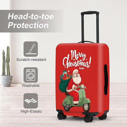 Santa on Scooter Luggage Cover - Christmas Riding Green Scooter with Gifts, Whimsical Modern Holiday Design for 28 30 Inch Travel