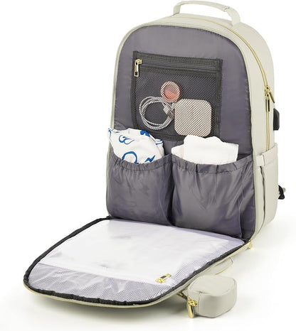 MOMUVO Diaper Bag Backpack, Quilted Baby Bag with Changing Pad and Stroller Straps and Pacifier Case, Multifunction Waterproof Travel Diaper Bags, Unisex, Beige