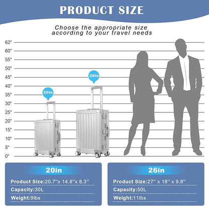 DOMINOX All Aluminum Carry On Luggage Hard Shell Luggage Aluminum Suitcase for Travel Zipperless Luggage Checked Luggage with Silent 360° Spinner Wheels 20 In. (Vertical Grain Style, Sliver)
