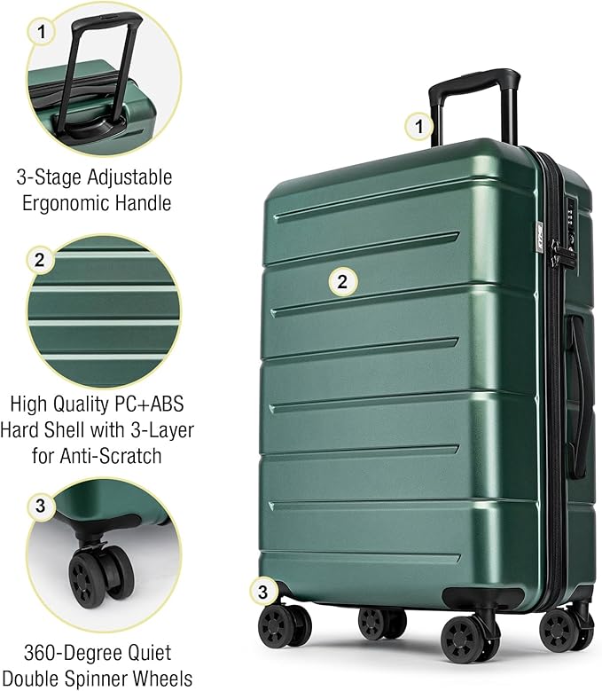 KYME Luggage Sets 2 Piece Suitcase Set Hardshell 20 inch/24 inch Luggage with Spinner Wheels Hardside PC+ABS Checked Large Suitcase with TSA Lock for Women Green