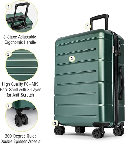 KYME Luggage Sets 2 Piece Suitcase Set Hardshell 20 inch/24 inch Luggage with Spinner Wheels Hardside PC+ABS Checked Large Suitcase with TSA Lock for Women Green