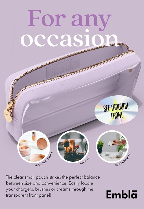 Embla London Makeup Bag Cosmetic Case, Clear Zipper Make Up Pouch and Toiletry Travel Tote, Cute Skincare Pouches for Women Girls, Preppy Purse Cosmetic Organizer, Small Makeup Bags, Lilac