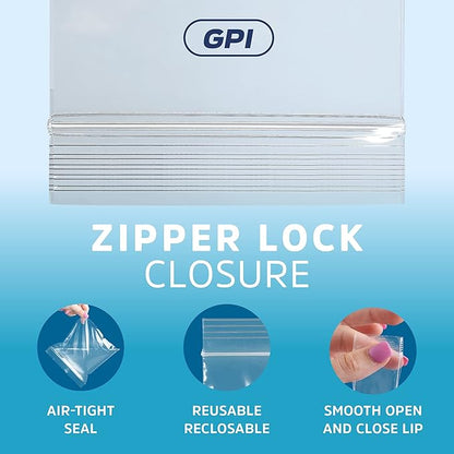 GPI - 1000 Count, 3" x 3" Clear Plastic Square Zip Bags, 2 Mil Thick, Strong & Durable Poly Baggies with Resealable Zip Top Lock for Travel, Storage, Packaging & Shipping