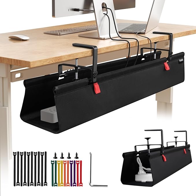 Under Desk Cable Management Tray, No Drill Desk Cord Organizer with Clamp, 48" Fabric Cable Management for Standing Desk Office & Home, Black