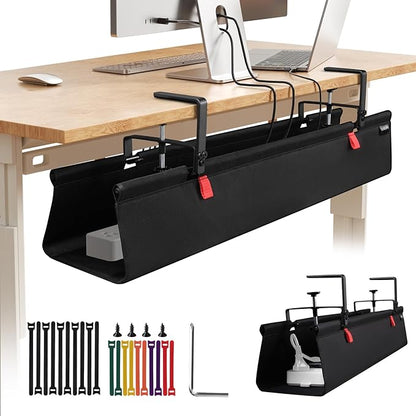 Under Desk Cable Management Tray, No Drill Desk Cord Organizer with Clamp, 48" Fabric Cable Management for Standing Desk Office & Home, Black
