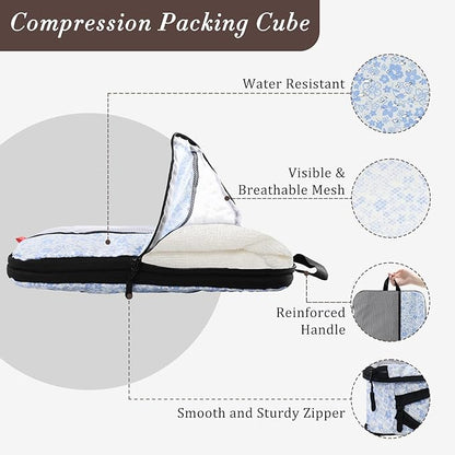 U+U 4 Set Compression Packing Cubes - Ultralight Travel Organizers, Space-Saving Suitcase Organizer, Expandable Packing Cubes for Travel, Business Trip and Family Vacation (Blue Flower)
