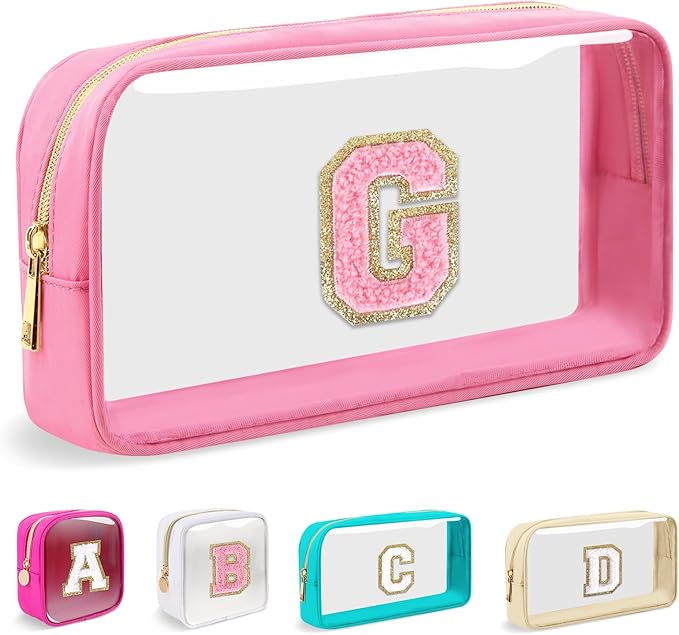Small Clear Personalized Initial Makeup Bag,Nylon Preppy A-Z Chenille Letter Patch Cosmetic Pouch Beach Toiletry Bag,Waterproof Zipper Travel Purse Storage Bag Organizer for Women Girls(Pink-Pink G)